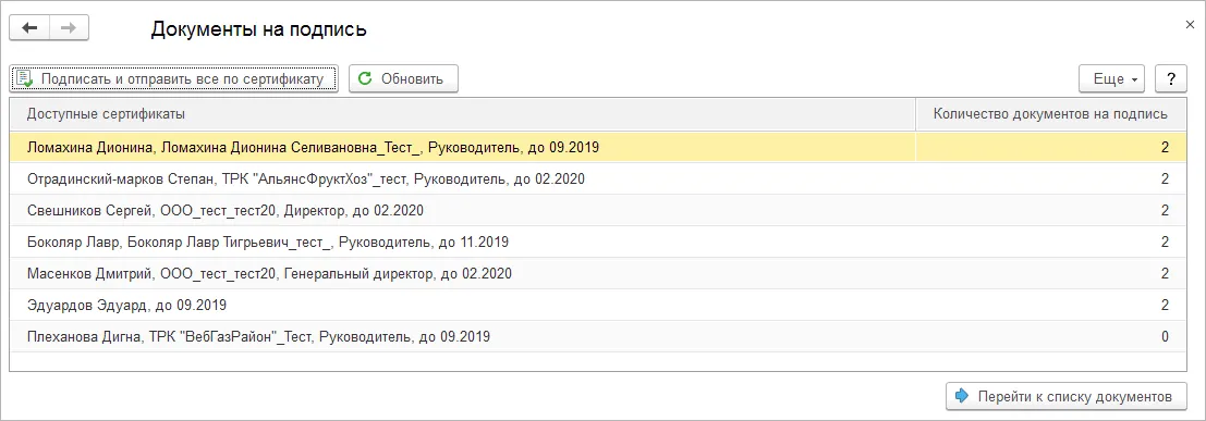 Подпись и отправка документа из раздела «Документы на подпись»